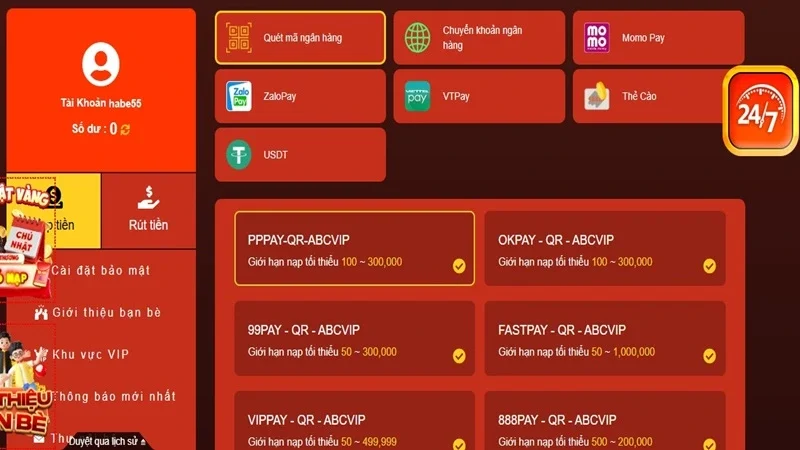 Nạp tiền ABC8 với nhiều hình thức nhanh chóng